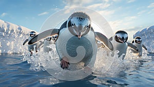 Cute penguin splashing in icy water, looking at camera generated by AI