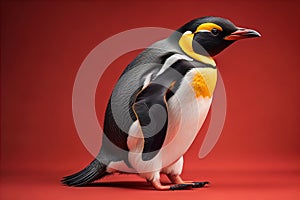 Cute penguin standing in front of solid color background. ai generative