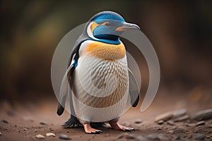 Cute penguin standing in front of solid color background. ai generative