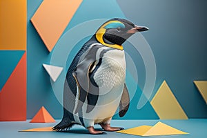 Cute penguin standing in front of solid color background. ai generative