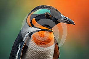 Cute penguin standing in front of solid color background. ai generative