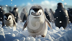 Cute penguin standing on ice, looking at camera in winter generated by AI