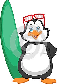 cute penguin with a surfboard
