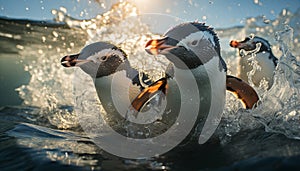 Cute penguin swimming in blue water, looking at camera generated by AI