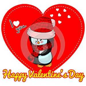 Cute penguin, vector illustration, Design Postcard St. Valentine`s Day
