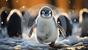 Cute penguin waddling on snow, looking at camera in Arctic generated by AI