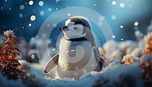 Cute penguin waddling on snowy arctic coastline, looking at camera generated by AI