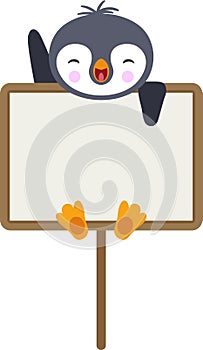 Cute penguin waving hanging a blank signboard