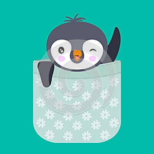 Cute penguin waving inside pocket