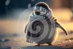 Cute penguin wearing scarf in winter
