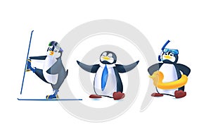 cute penguins animals icons set antarctic birds full length horizontal