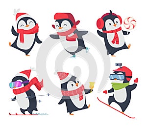 Cute penguins. Cartoon characters baby sweet wild winter snow animals pose vector isolated