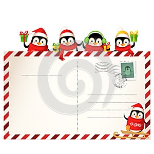 Cute Penguins on Christmas postcard - holiday greeting card template isolated