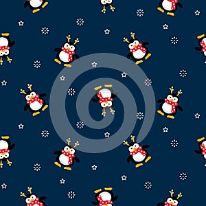 Cute penguins Christmas seamless pattern. Blue background with snow and snowman