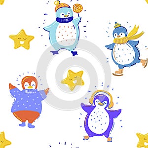 Cute penguins collection in winter clothes with candy, earphones and skiing, cute star. Seamless pattern on white