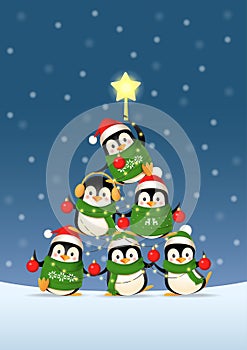 Cute penguins form a Christmas tree shape - winter landscape