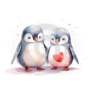 Cute penguins in hand drawn watercolor style. Symbol of love. Generative AI