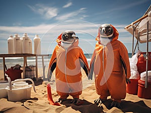 Cute Penguins Having Fun in diving suits on the beach