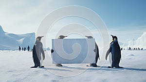 Cute penguins holding a plain white blank sign with space for your text.