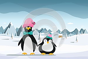 Cute penguins holding wings with winter landscape on background