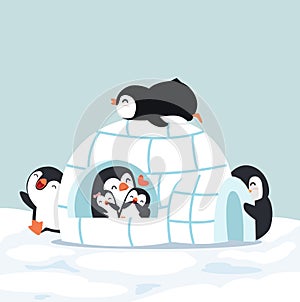 Cute  Penguins Igloo ice house in winter