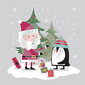 Cute penguins meet Santa on the Christmas celebration and are attended by little robins photo