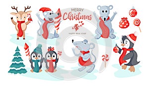 Cute penguins, mouses and items icon set isolated on white background