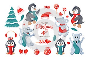 Cute penguins, mouses and items icon set isolated on white background