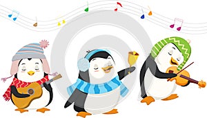 Cute penguins playing christmas musical instruments