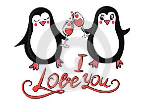 Cute penguins with wine glass and I love you text