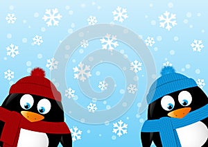 Cute penguins on winter background