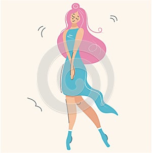 Cute pensive girl with pink hair. Beautiful modest woman showing gestures vector illustration. Modern fashion character
