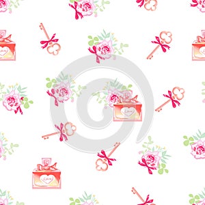 Cute perfume bottles and secret keys floral seamless vector patt