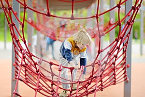 Cute perky preschooler boy having fun on outdoor playground. Spring or summer or autumn active sport leisure for kids. Modern