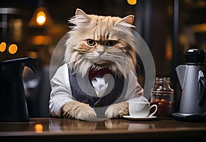 Cute persian cat sitting at the table with a cup