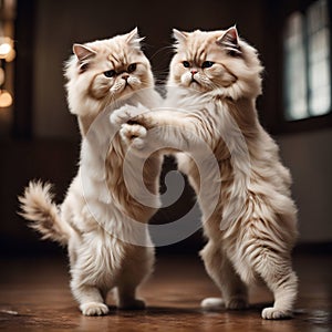 Cute Persian cats play with each other on their hind legs