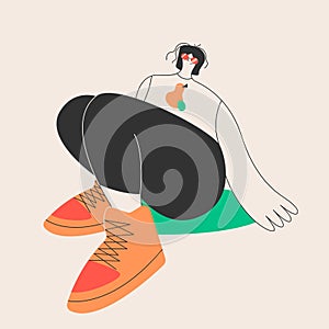 Cute person on isolated background with big sneakers and glasses.Disproportionate body with big shoe.Vector print,design