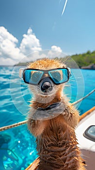Cute pet animal wearing snorkeling goggles on a boat.