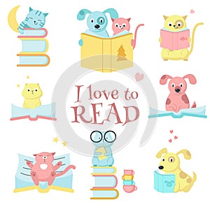 Cute pet animals reading books vector icon set