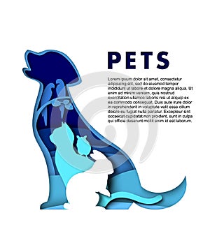 Cute pet animals silhouettes, vector paper art illustration. Dog, cat, rabbit, hamster, parrots. Pets poster template.