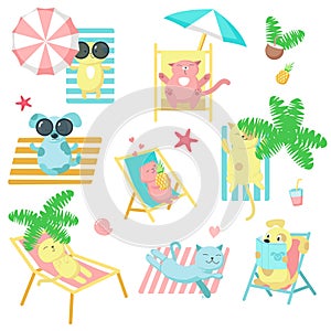 Cute pet animals taking rest on beach vector icons