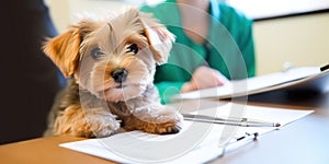 A cute pet with a vets hands and pet insurance paperwork in the foreground, concept of Animal healthcare, created with
