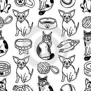 Cute pets and accessories seamless vector pattern. Goods for animals - dog leash, cat bowl with paw print, food, toy