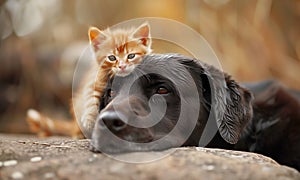 Cute pets scene: dog and cat friendship concept. Small kitty lying on the big furry labrador