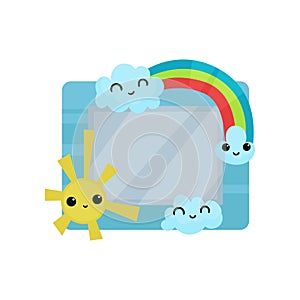 Cute photo frame with sun, rainbow and clouds, album template for kids with space for photo or text, card, picture frame