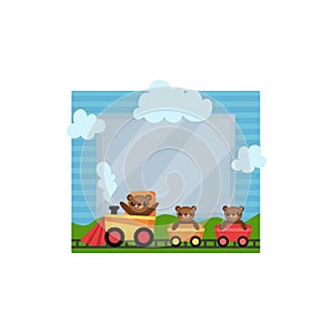 Cute photo frame with toy train, album template for kids with space for photo or text, card, picture frame vector