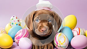 A cute photo of a puppy wearing bunny ears and surrounded by Easter eggs