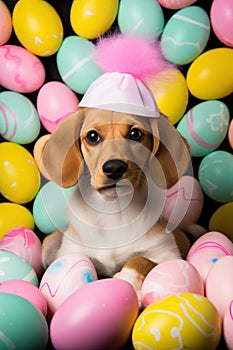 A cute photo of a puppy wearing bunny ears and surrounded by Easter eggs