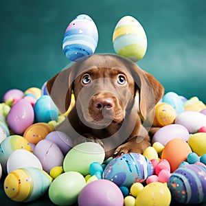 A cute photo of a puppy wearing bunny ears and surrounded by Easter eggs