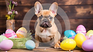 A cute photo of a puppy wearing bunny ears and surrounded by Easter eggs